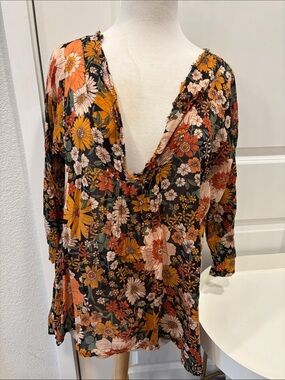EUC NATURAL LIFE Black Floral Top with Mustard & Rust Blooms